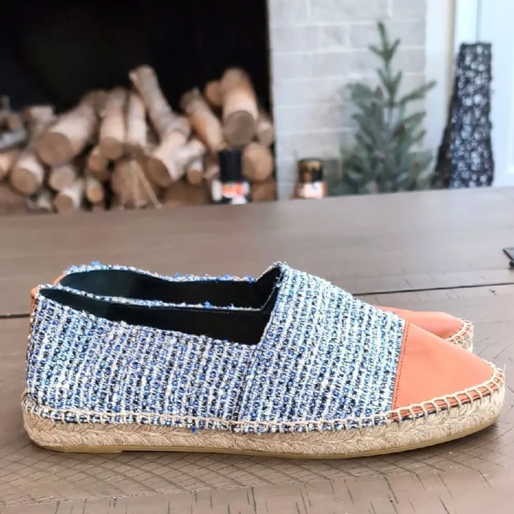 J. Mclaughlin Alexa Tweed and Leather Toe Espadrilles - Blue Cream Sz 9